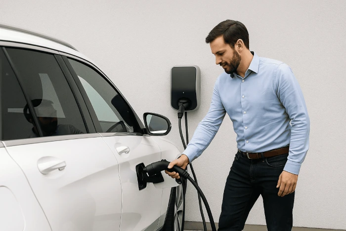 Mann lädt Elektroauto an einer Wallbox-Ladestation zu Hause.