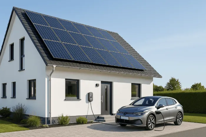 Modernes Einfamilienhaus mit Photovoltaikanlage auf dem Dach und einem Elektroauto an der Ladestation.
