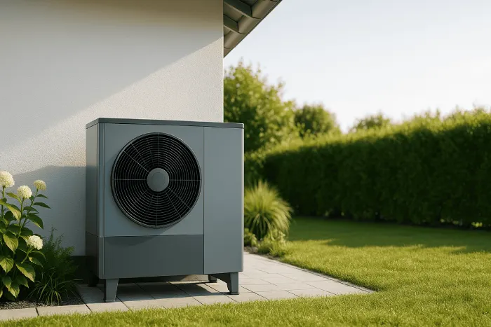 Außen aufgestellte Wärmepumpe neben einem Einfamilienhaus im Garten.