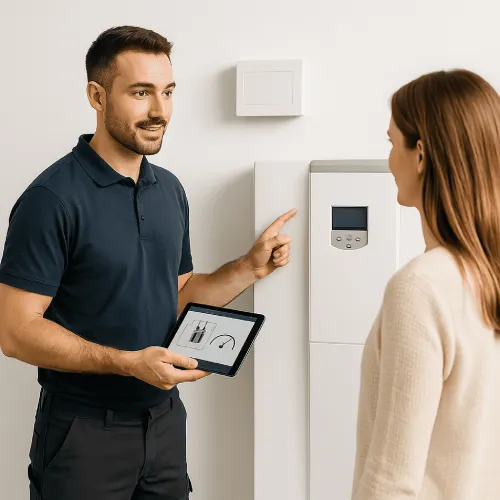 Techniker erklärt einer Kundin die Funktionsweise eines Photovoltaik-Systems mit Stromspeicher.