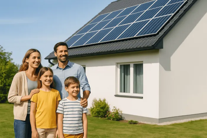 Glückliche Familie steht vor ihrem Einfamilienhaus mit Photovoltaikanlage auf dem Dach.