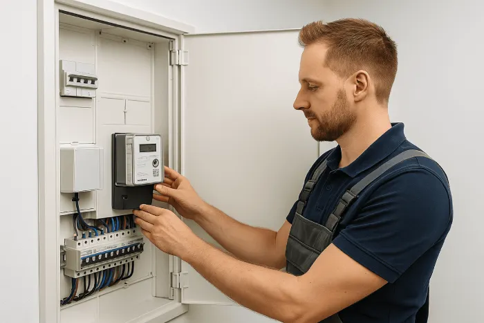 Elektriker installiert oder überprüft einen modernen Smart Meter in einem Stromverteilerkasten.
