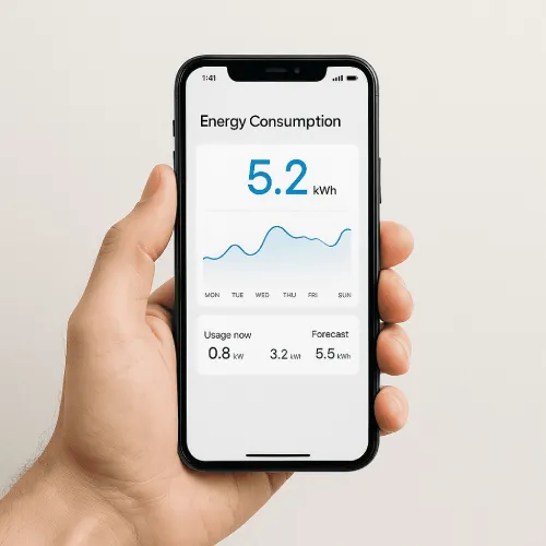 Smartphone zeigt eine App mit Echtzeitdaten zum Stromverbrauch in Kilowattstunden.