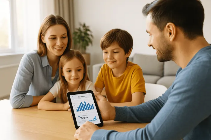 Familie betrachtet auf einem Tablet ihren Stromverbrauch in einer Smart-Meter-App.