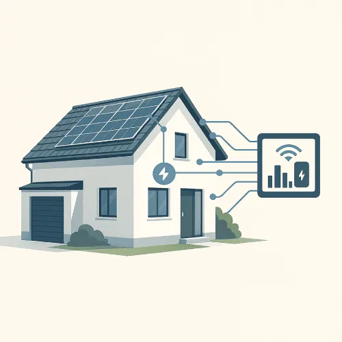 Illustration eines Hauses mit Photovoltaikanlage und vernetzten Smart-Meter-Systemen zur Energieüberwachung.