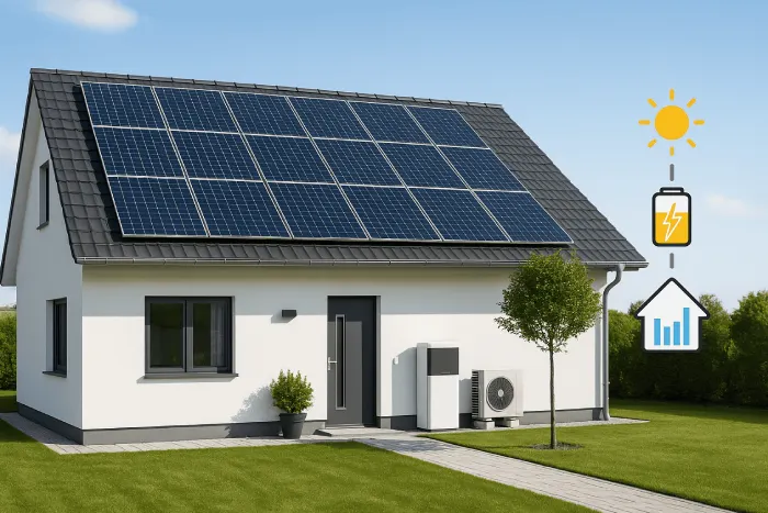 Modernes Einfamilienhaus mit Photovoltaikanlage, Stromspeicher und Icons für Eigenverbrauchsoptimierung.