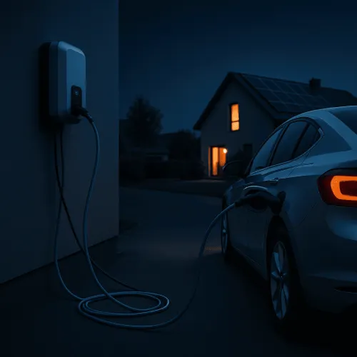 Elektroauto lädt nachts an einer Wallbox vor einem Haus mit Photovoltaikanlage.