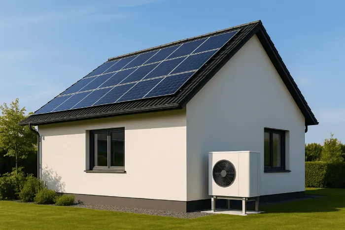 Einfamilienhaus mit Photovoltaikanlage auf dem Dach und moderner Luft-Wasser-Wärmepumpe im Garten.