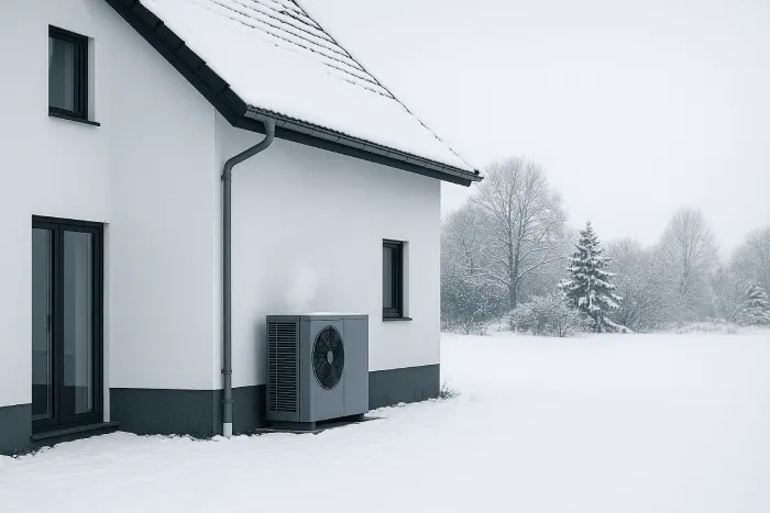Moderne Luft-Wasser-Wärmepumpe an einem verschneiten Einfamilienhaus im Winterbetrieb.