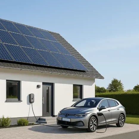 Modernes Einfamilienhaus mit Photovoltaikanlage auf dem Dach und einem Elektroauto an der Ladestation.