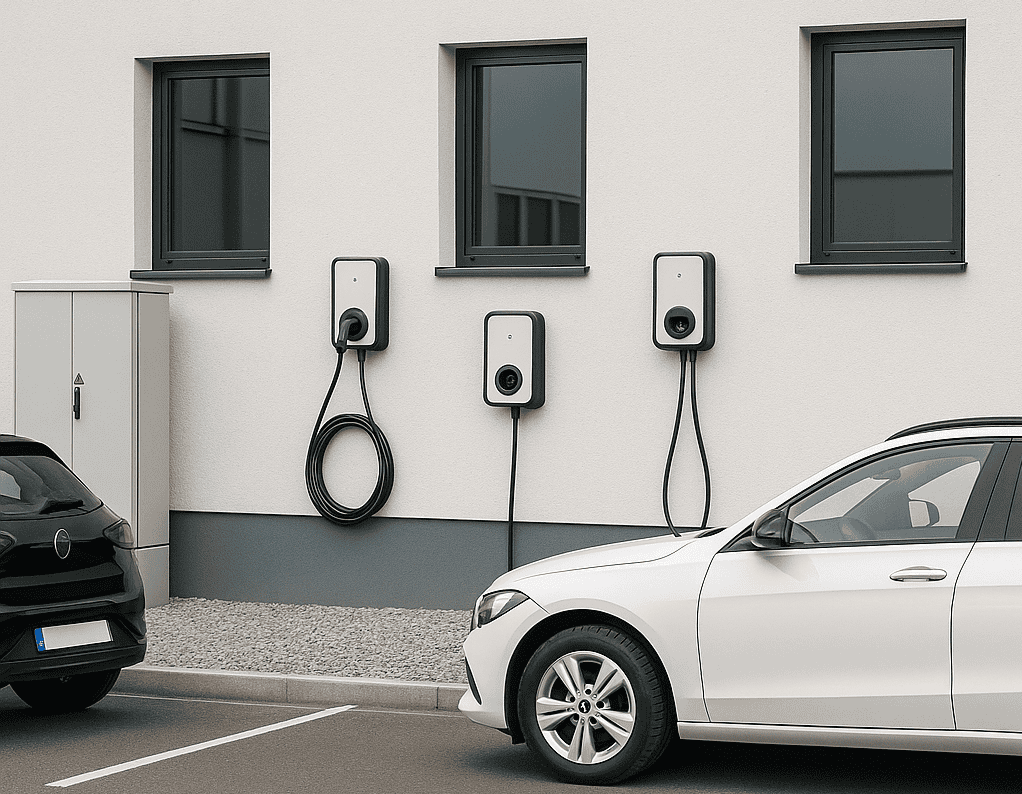 Drei Wallboxen an einer Hauswand mit zwei parkenden Elektroautos, Ladeinfrastruktur für Mehrfamilienhäuser oder Firmenparkplätze.