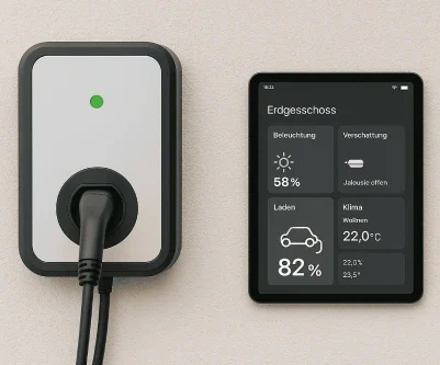 Smart Charging Wallbox mit Ladeanzeige und Tablet zur Steuerung der Hausautomation.