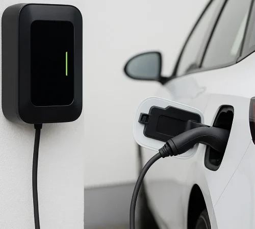 Nahaufnahme einer modernen Wallbox mit angeschlossenem Elektroauto beim Laden.