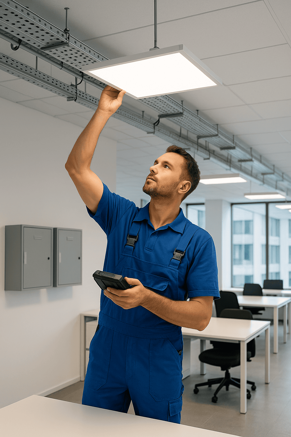 Elektriker überprüft LED-Deckenleuchte mit Prüfgerät in modernem Büro, Kabeltrassen und Schaltschränke sichtbar