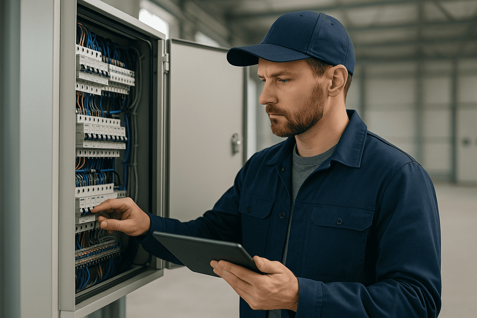 Elektriker mit Tablet überprüft einen offenen Verteilerkasten in einer Industriehalle, modernes Werkzeug, gepflegte Arbeitskleidung