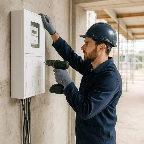 Elektriker installiert Zählerschrank in Neubau