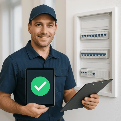 lektriker prüft Verteilerkasten mit Checkliste und Tablet
