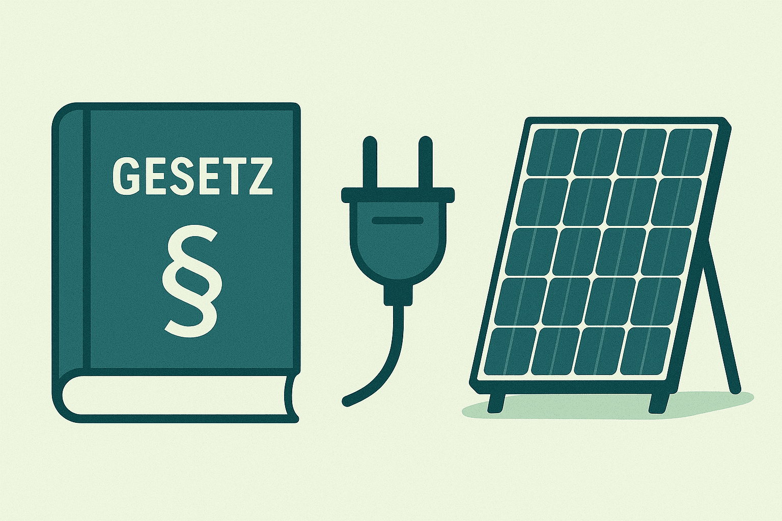 Symbolbild: Gesetzbuch, Stromstecker und Solarmodul – gesetzliche Bestimmungen für Balkonkraftwerke