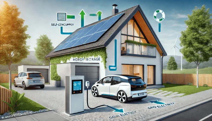 Modernes Einfamilienhaus mit Photovoltaik, Batteriespeicher, Wallbox für E-Auto und Wärmepumpe – nachhaltige Energieflüsse sichtbar