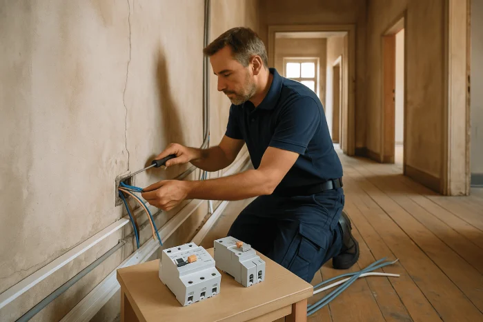 Elektriker modernisiert die Elektroinstallation in einem Altbau mit FI-Schutzschaltern.