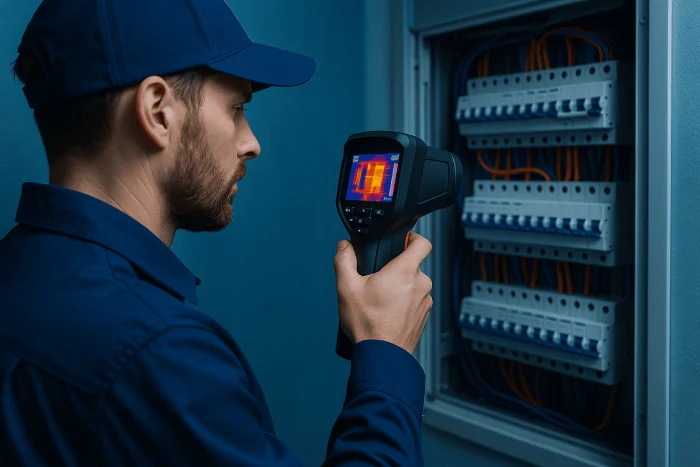 Elektriker überprüft Verteilerkasten mit Wärmebildkamera