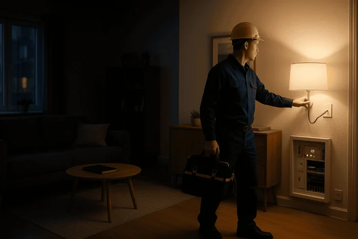 Elektriker im Notdienst prüft eine Lampe nach Stromausfall in einer Wohnung.