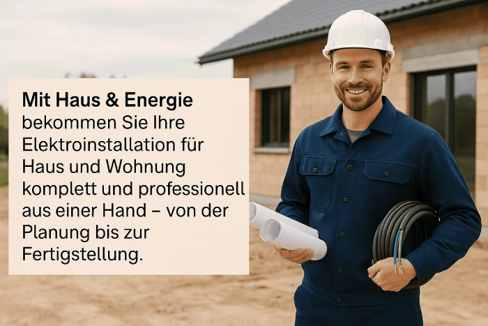 Elektriker mit Bauplan und Kabelrolle vor einem Rohbau, Text „Mit Haus & Energie bekommen Sie Ihre Elektroinstallation für Haus und Wohnung komplett und professionell aus einer Hand – von der Planung bis zur Fertigstellung