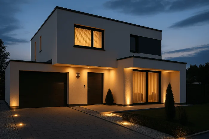 Modernes Wohnhaus mit Alarmanlage, indirekter Außenbeleuchtung und gepflegtem Grundstück in der Abendstimmung, realistische Fotografie