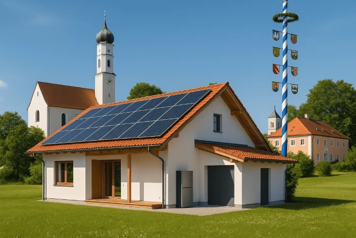 Photovoltaikanlage auf Einfamilienhaus in Hohenbrunn mit Maibaum