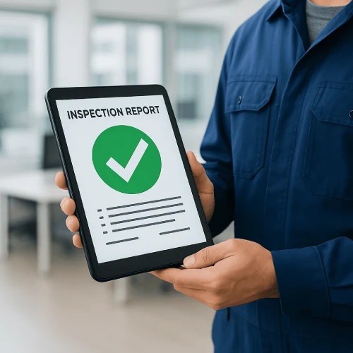 Tablet mit digitalem Prüfprotokoll und Check-Symbol beim E-Check