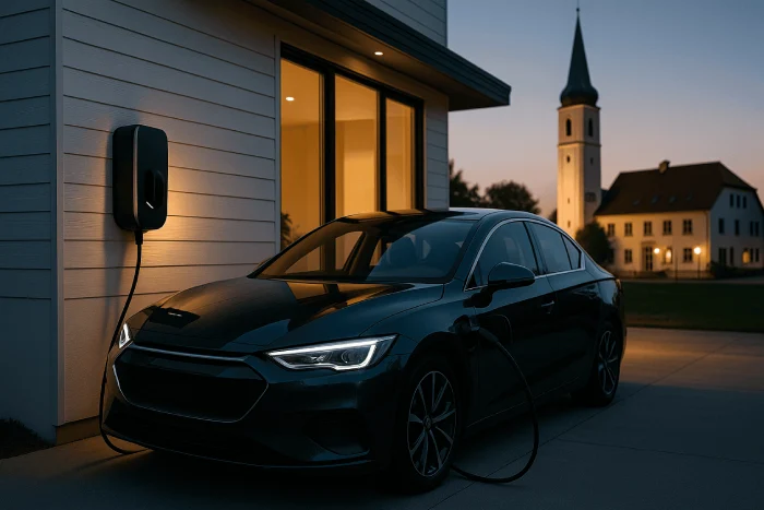 Elektroauto lädt an installierter Wallbox in Hohenbrunn