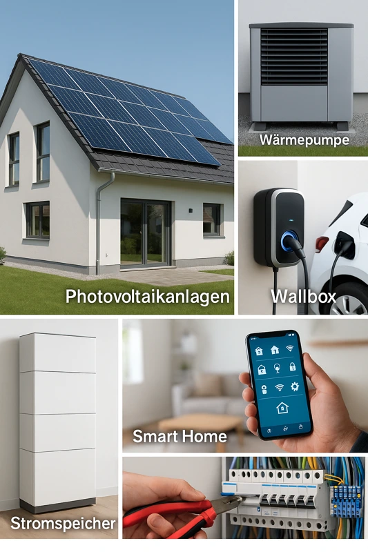 Hero-Collage der Haus & Energie Elektro GmbH mit Photovoltaikanlage, Wärmepumpe, Wallbox, Stromspeicher, Smart Home Steuerung und Elektroinstallation.